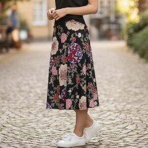Julie's Closet Black Floral Pull-On Stretch Jersey Midi Skirt M #237P